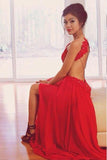 Elegant A Line Chiffon Open Back Halter Slit Red Long Cheap Prom Dresses JS58