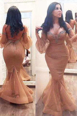 Mermaid 3/4 Sleeves Off the Shoulder Beads Brown Lace up Plus Size Prom Dresses JS164