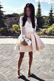 Cute A Line Round Neck White Lace Long Sleeves Satin Short Homecoming Dresses JS934