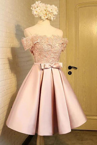 A Line Off the Shoulder Short Prom Dress Appliques Bowknot Lace Homecoming Dress JS854
