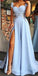 Cap Sleeve Sweetheart A Line Side Slit Satin Blue Long Prom Dresses Evening Dresses JS299