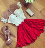 Cute Red Lace Short Sleeve Knee Length Homecoming Dress Cheap Cocktail Dresses JS470