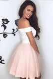 Pretty Lace V Neck Tulle Off the Shoulder Light Pink Sweetheart Homecoming Dresses JS721