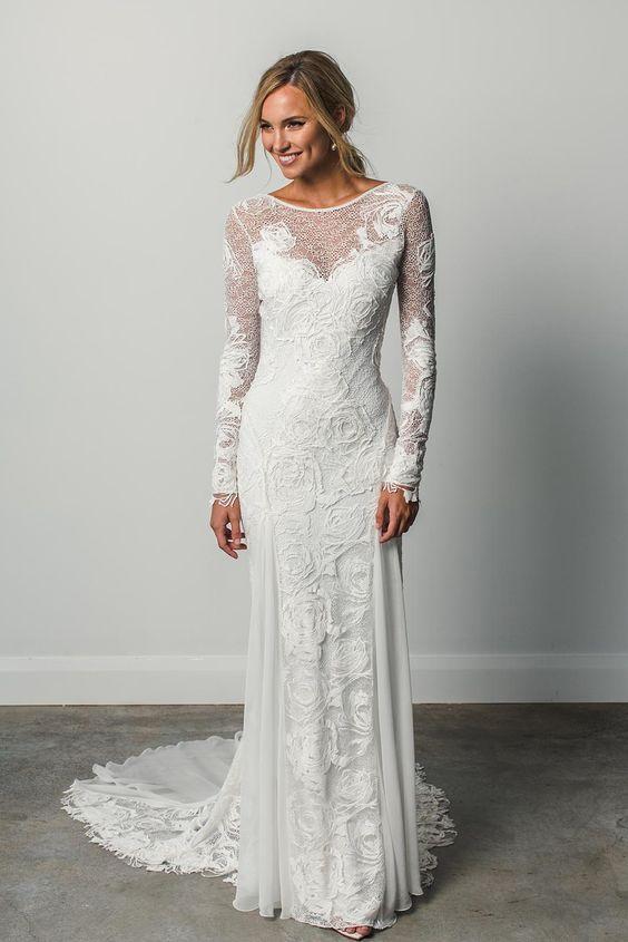 A Line Long Sleeves Ivory Rustic Lace Backless Scoop Neck Beach Wedding Dresses