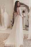 Off White Chiffon Open Back Long Sleeves Wedding Dress Simple A Line V Neck Lace JS743