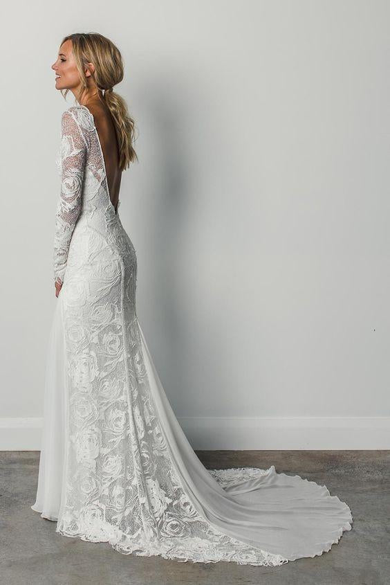 A Line Long Sleeves Ivory Rustic Lace Backless Scoop Neck Beach Wedding Dresses