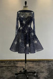 A Line Navy Blue Long Sleeve Beads Open Back Tulle Short Prom Dress Homecoming Dress JS753