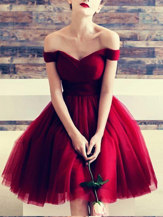 A Line Burgundy Off the Shoulder Tulle Sweetheart Cocktail Dress Homecoming Dresses JS639