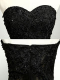 Sexy Black Sweetheart Sheath Tulle Beads Lace Appliques Strapless Long Prom Dresses JS30