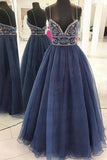 Beautiful A Line Spaghetti Straps V Neck Blue Tulle Rhinestone Long Prom Dresses JS32