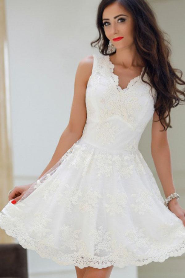 Buy A-Line V-Neck White Tulle Short Prom Dresses Cute Lace Appliques ...