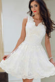A-Line V-Neck White Tulle Short Prom Dresses Cute Lace Appliques Homecoming Dress JS719