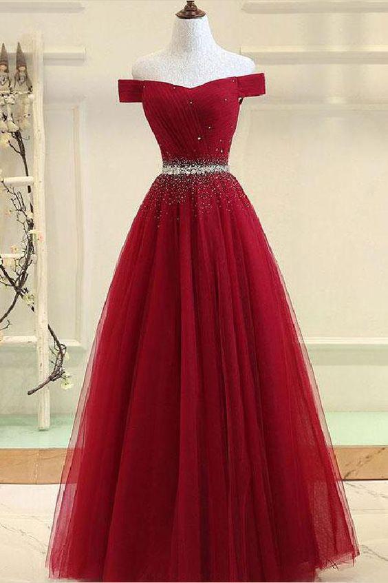 A Line Burgundy Off the Shoulder Lace up Tulle Sweetheart Long Prom Dresses JS141