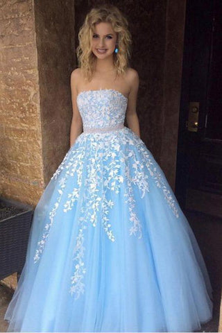 A Line Sky Blue Strapless Lace Appliques Tulle Beads Pockets Floor Length Prom Dresses UK JS770