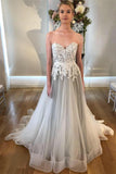 A Line Sweetheart Strapless Backless Silver Grey Tulle Wedding Dresses with Sweep Train JS230