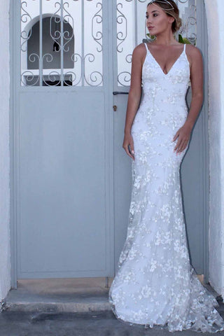 Sexy Backless Off White Mermaid Lace V Neck Wedding Dresses Long