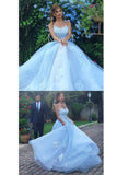 Light Blue Lace Appliques Ball Gown Tulle Prom Dresses UK Princess Wedding Dresses UK JS332