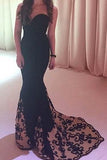 Mermaid Sweetheart Sweep Train Tulle Satin Black with Appliques Lace Prom Dresses JS625