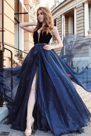 Gorgeous A Line Open Back Sleeveless With Split Side Dark Blue V Neck Prom Dresses JS74