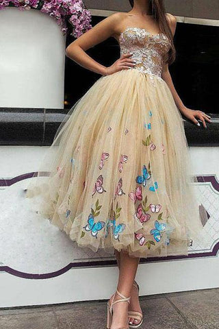 Elegant Strapless Sweetheart Appliques Tulle Tea Length Prom Dresses JS992
