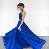 Sexy Royal Blue Two Piece Long Simple Satin Blue V-Neck Formal Evening Prom Dresses JS620