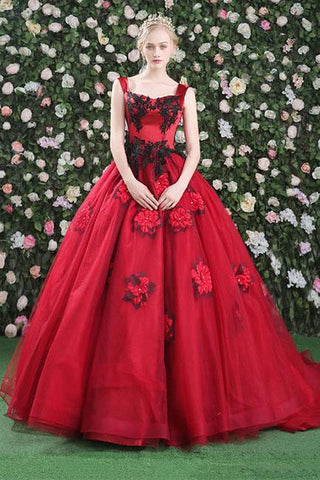 Gorgeous Ball Gowns Red Flowers Scoop Sleeveless Tulle Lace up Beads Prom Dresses JS299