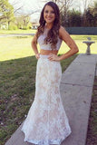 Mermaid Lace Sweep Train Pearl Pink Scoop Beads Two Piece New Style Prom Dresses JS300
