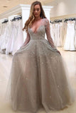 Sparkly Long Sleeves Tulle V Neck Prom Dresses with Sequins