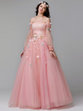A Line Long Sleeve Ball Gown Off the Shoulder Long Floral Fairy Prom Dresses