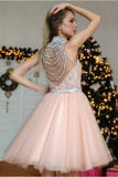 Cute Pearl Pink Tulle Appliques Silver Beads V Neck Short Homecoming Dresses JS880