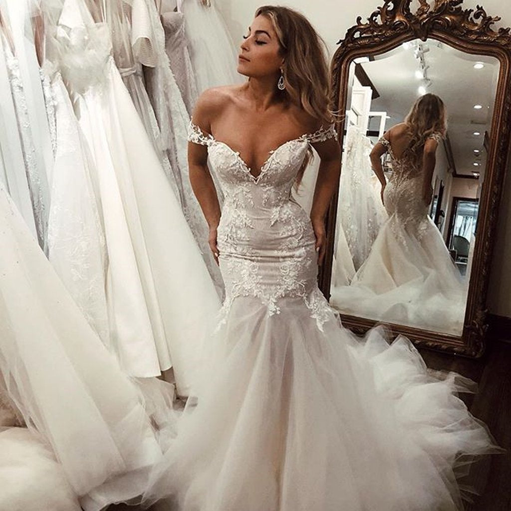 Buy Off the Shoulder Mermaid Tulle Wedding Dresses Lace Appliques ...