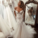 Off the Shoulder Mermaid Tulle Wedding Dresses Lace Appliques Bridal Gown uk JS448