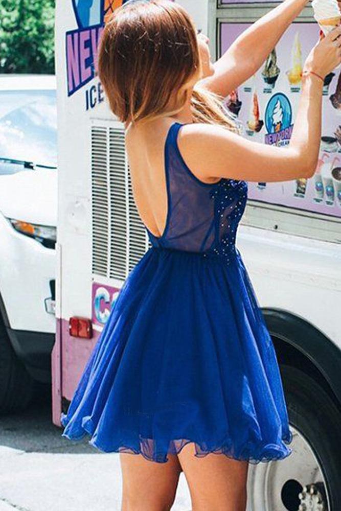 Cute A Line V Neck Chiffon Beads Royal Blue Short Homecoming Dresses with Appliques JS936