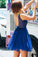 Cute A Line V Neck Chiffon Beads Royal Blue Short Homecoming Dresses with Appliques JS936