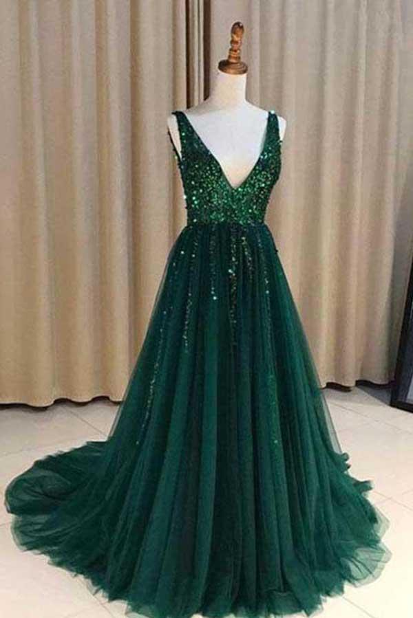 Chic A-Line V Neck Backless Dark Green Tulle Prom Dress with Sequins Evening Dresses JS696