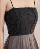 A Line Scoop Spaghetti Straps Black Tulle Prom Dresses Long Evening Dresses JS824