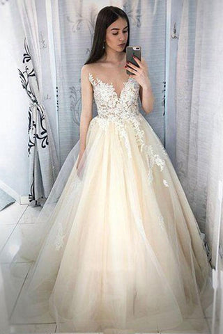 Charming Ball Gown Lace Appliques Tulle Long Scoop Prom Dress Elegant Evening Dresses JS127