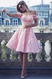 Cute A-Line Off the Shoulder Knee Length Pink Lace Homecoming Dress with Appliques JS824