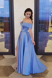 Unique A line Blue Off the Shoulder Sweetheart High Slit Satin Long Prom Dresses JS48