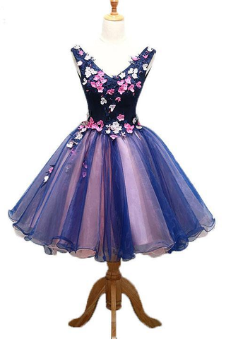 Purple Tulle V Neck Straps Lace up Homecoming Dresses with 3D Flowers Dance Dresses H1234