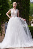 New Style A-line Scoop Neck Tulle Appliques Lace Court Train Backless Wedding Dress JS633