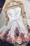 White Tulle Applique Short Prom Dress Long Sleeve Homecoming Dresses with Flowers JS827