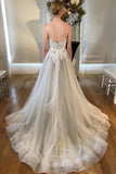 A Line Sweetheart Strapless Backless Silver Grey Tulle Wedding Dresses with Sweep Train JS230