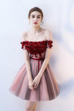 A Line Strapless Off the Shoulder Red Flowers Short Tulle Lace up Homecoming Dresses JS876