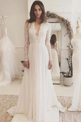 Off White Chiffon Open Back Long Sleeves Wedding Dress Simple A Line V Neck Lace JS743