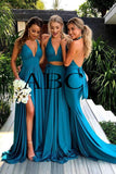 Mix And Match Elegant A Line V Neck Long Blue Backless Bridesmaid Dresses