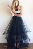 Cheap Tulle Navy Blue and White Stripe Simple Long Sleeveless Strapless Prom Dresses JS558