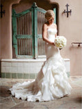 Mermaid Sweetheart Court Train Organza White Strapless Open Back Wedding Dresses