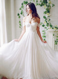 A Line Chiffon Sweetheart Lace Off the Shoulder Beach Wedding Dresses with Pleats JS276