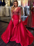 Elegant Mermaid Long Red Long Sleeve Beading V Neck Lace Satin Backless Prom Dresses JS851